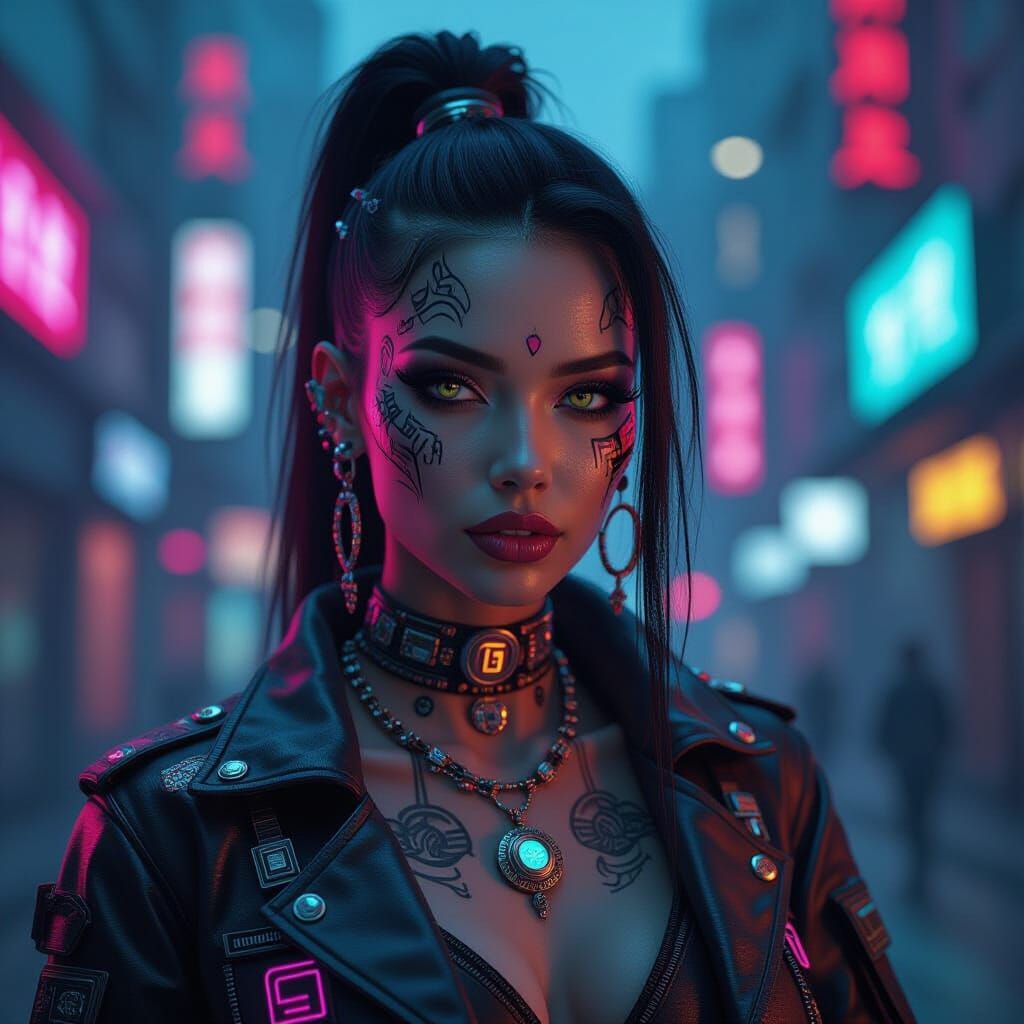 Cyberpunk Woman with Tattoos and Cybernetic Implants