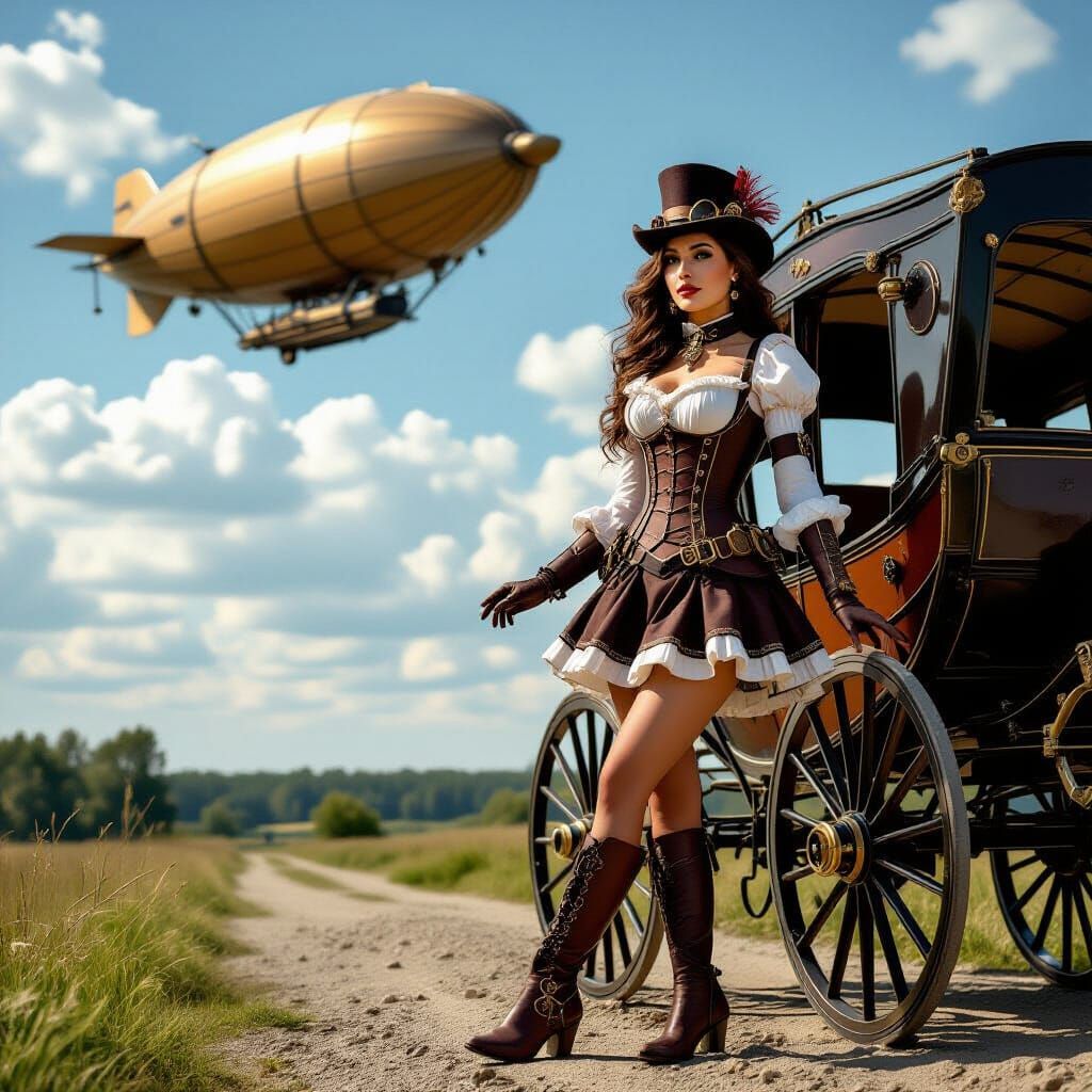Steampunk carriage and zeppelin