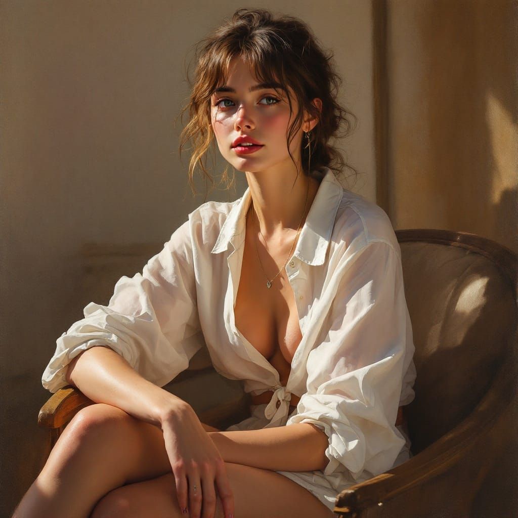 Warm Oil Portrait of a Thoughtful Woman in Cozy Afternoon Li...