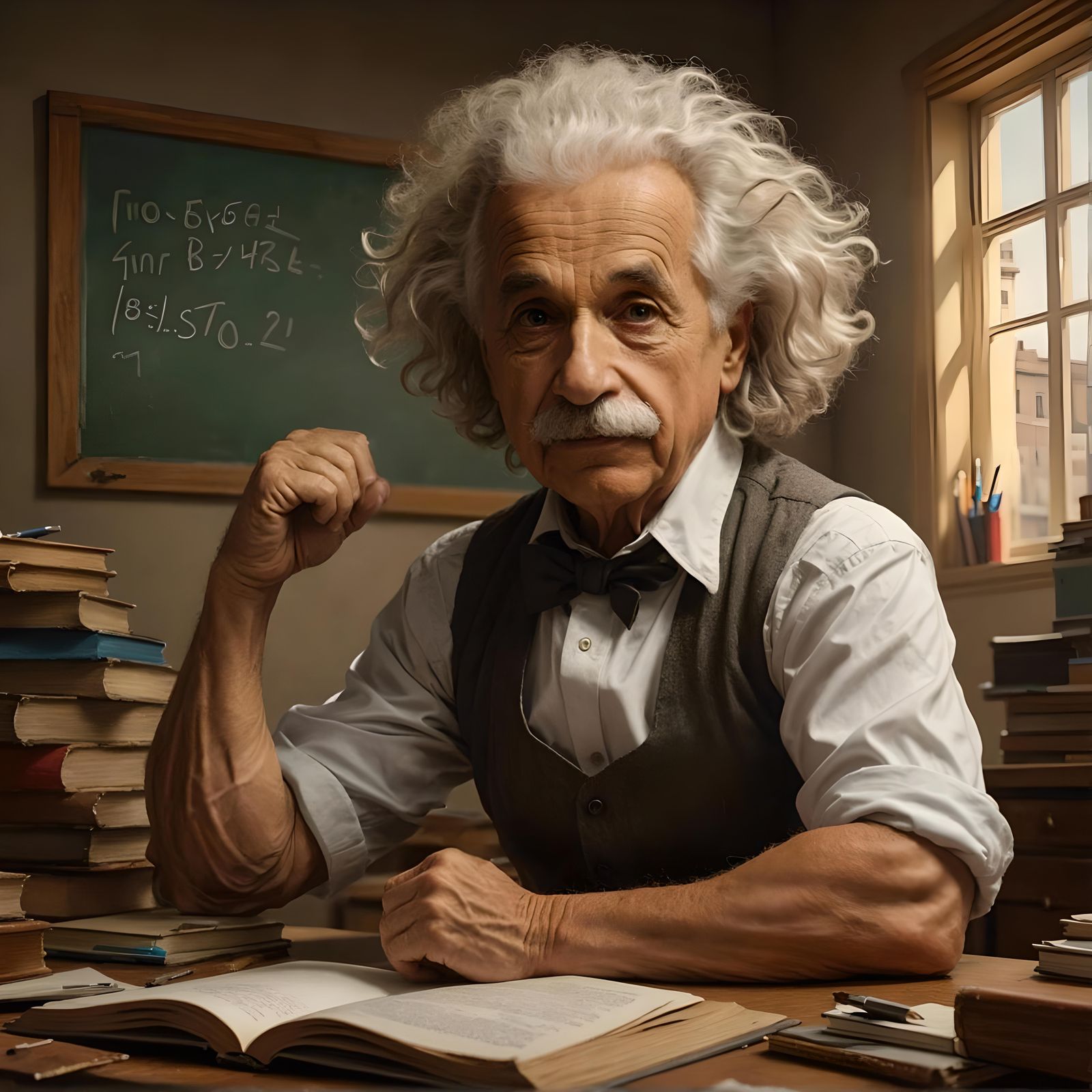 Muscular Einstein Flexing in Classroom, Hyperdetailed Portra...