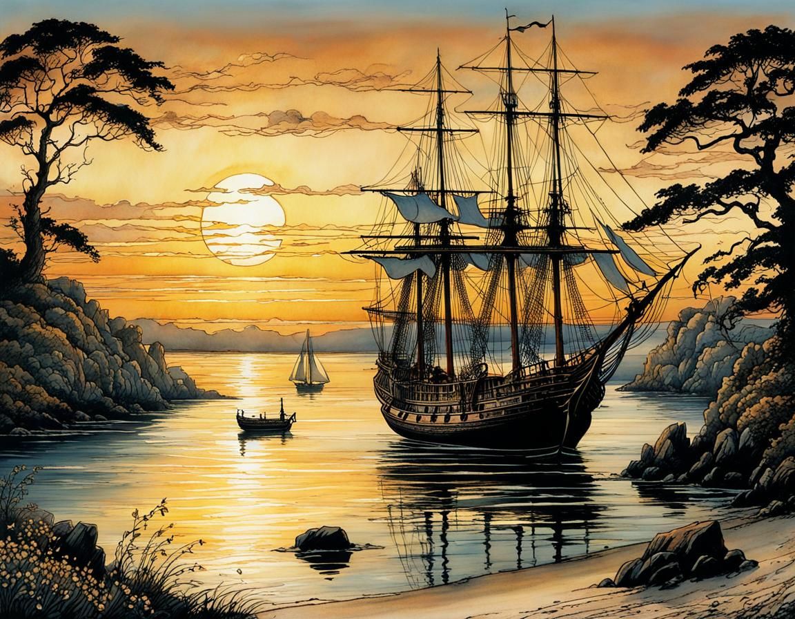 Expressive Sunset Landscape with Sailing Ship in a Bay