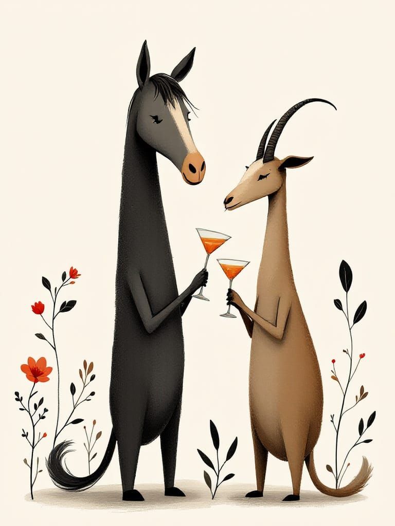 Abstract Horse and Goat Toasting with Martini Glasses
