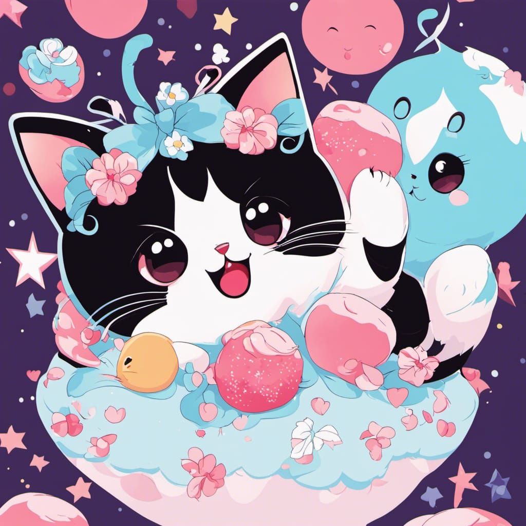 Adorable Anime Kitten Surrounded by Peaches