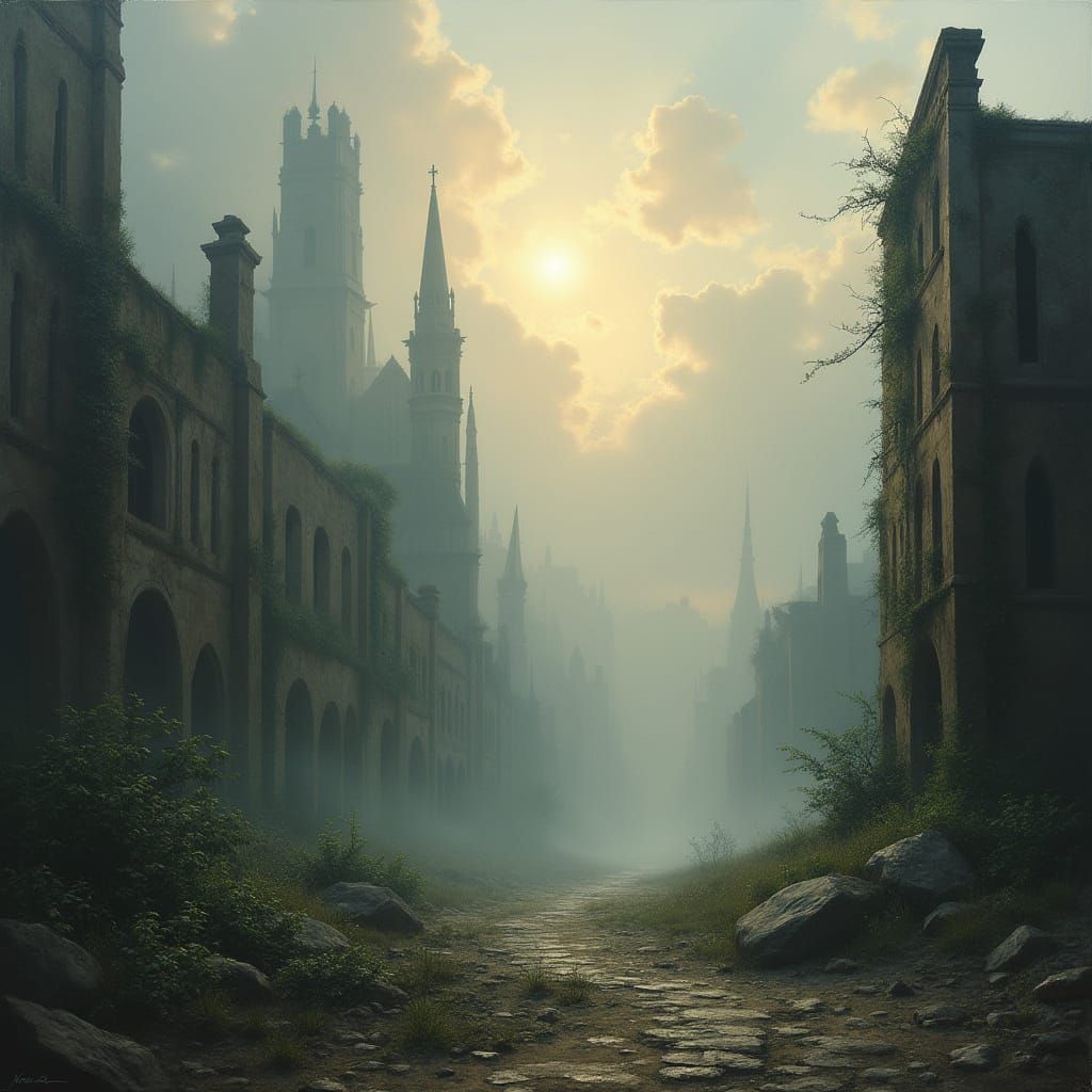 Abandoned City in Ethereal Mist, Oil Painting Style