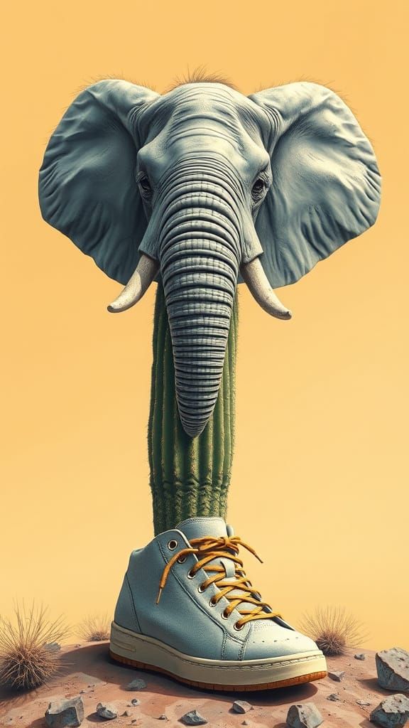 Surreal Desert Cactus Emerges with Elephant Head in Sneaker