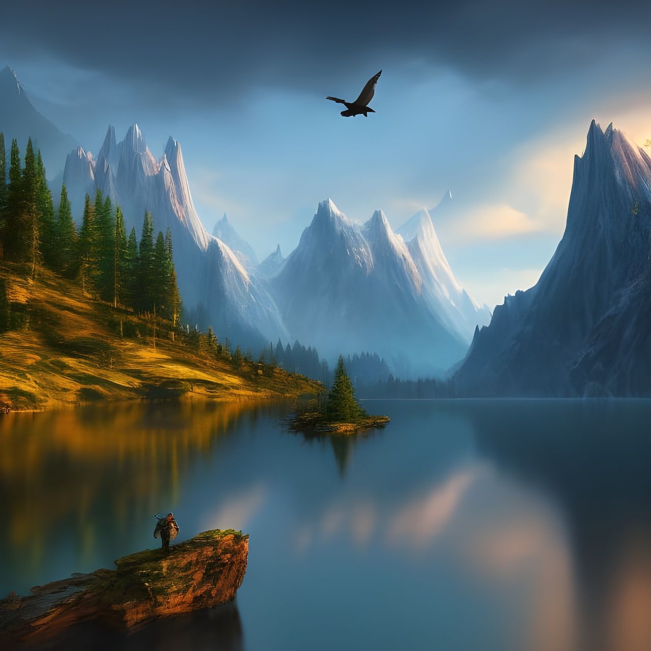 Fisherman, lake, mountains, hawk