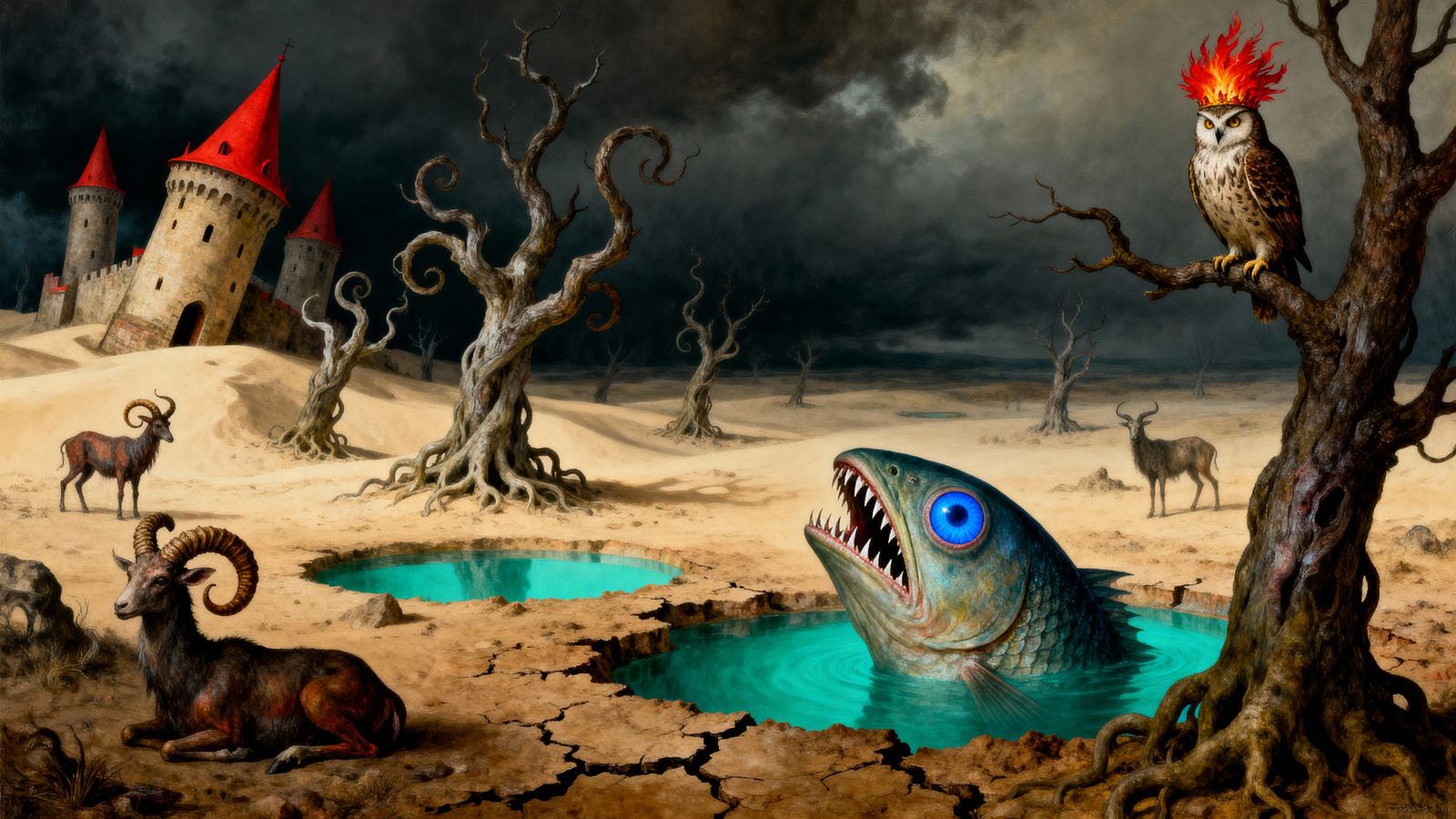Surreal Fantasy Landscape with Monstrous Creatures