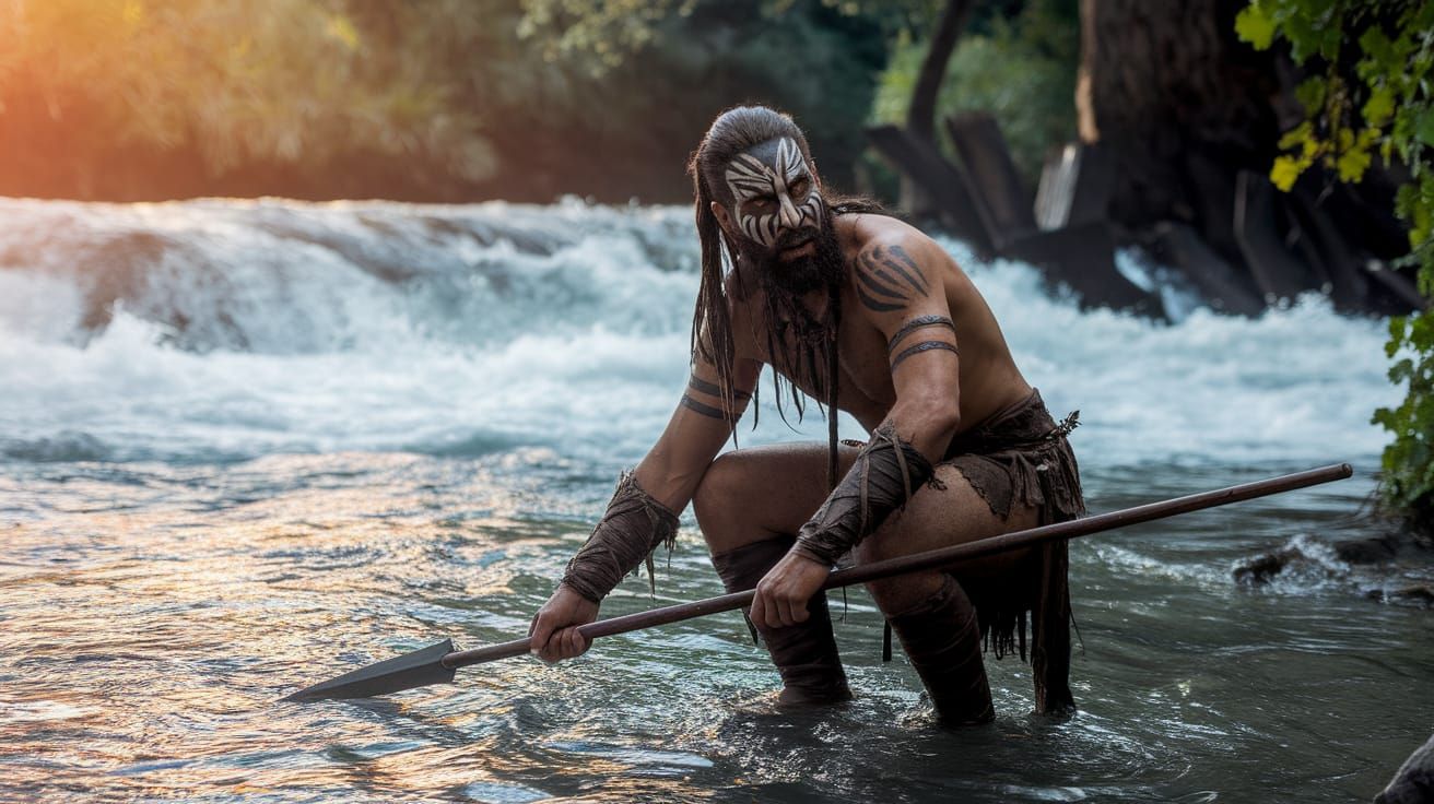 Fantasy Warrior in Tribal Face Paint by the Turbulent River
