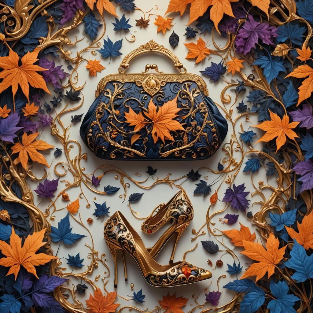 Ornate Purse and Heels with Orange and Black Pattern
