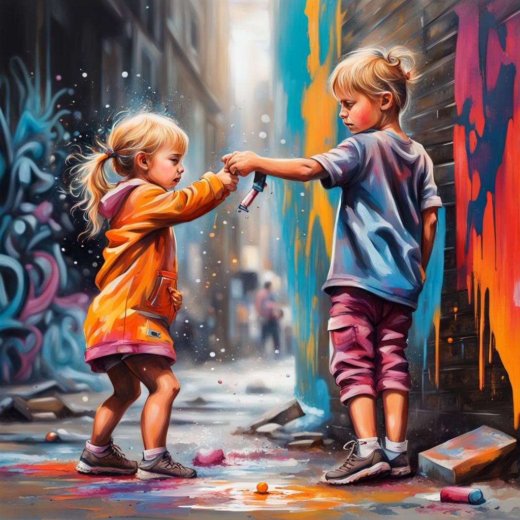 Children Playing in Colorful Graffiti Street Art
