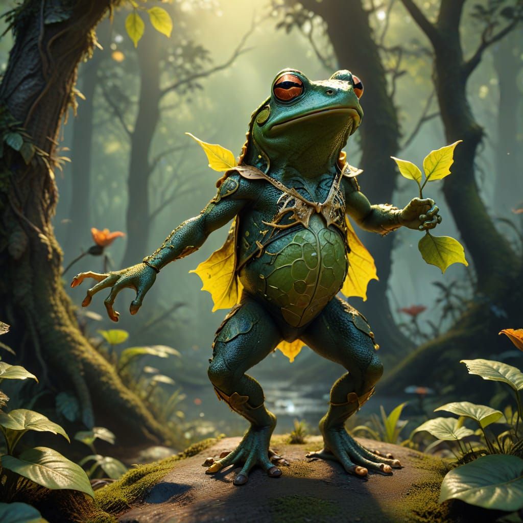 Vibrant Frog Dances in Mystical Forest at Golden Hour