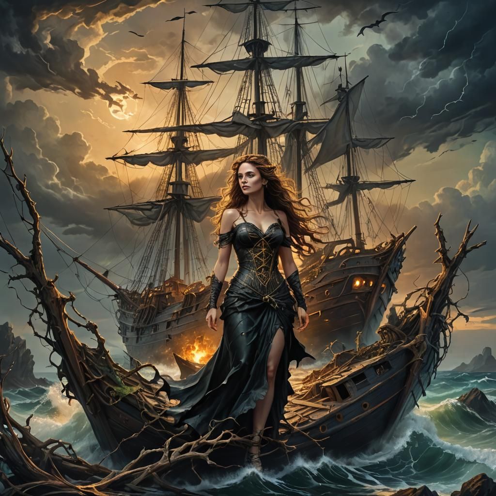 Gothic Siren on Shipwreck Island in Surreal Style