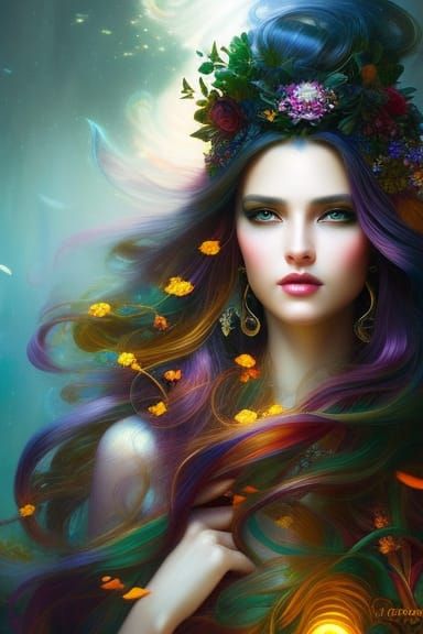 Goddess with Colorful Hair Emerges from Flower