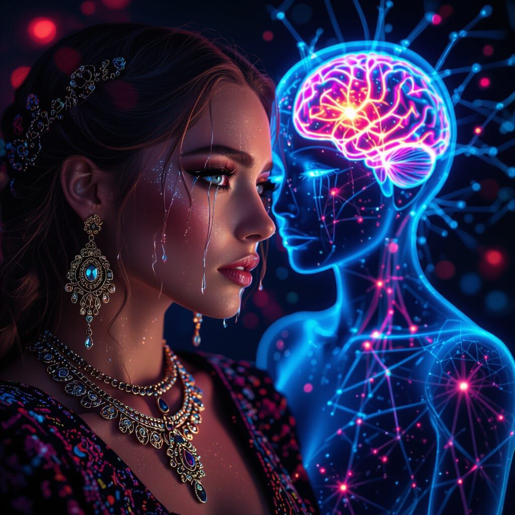 Shattered Scandinavian Woman with Neon Neurons in Digital Ar...