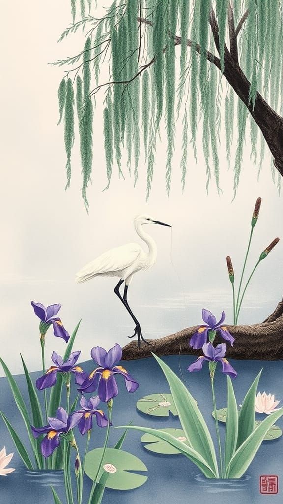 Purple Irises and Egret in Ukiyo-e Style