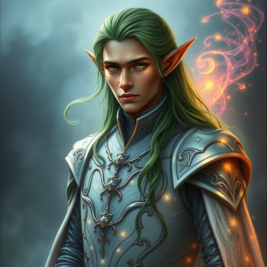 Majestic Elf in Ethereal Armor with Swirling Magic