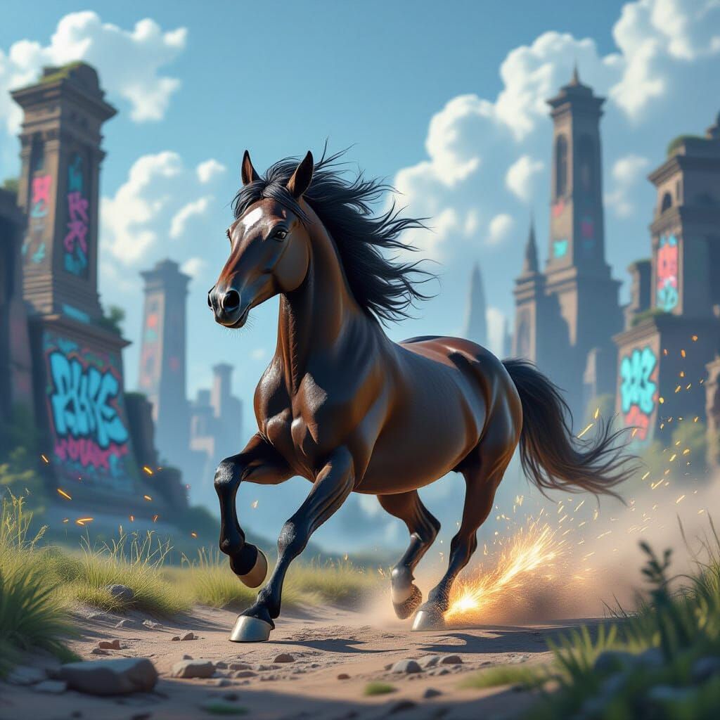 Majestic Bunny in Street Art Style Through Fantasy Ruins