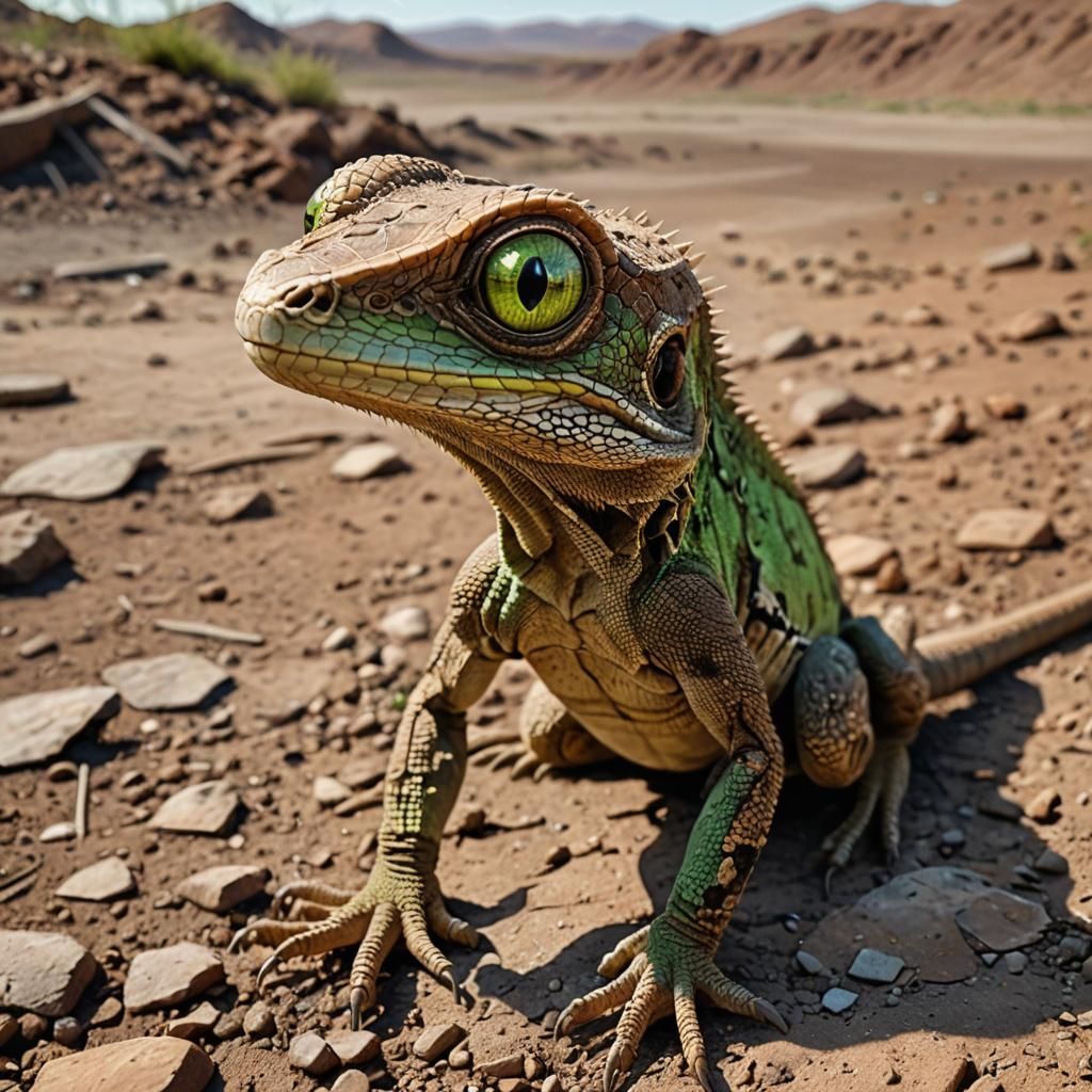 Hyper-Realistic Lizard with Green Eyes in Wasteland