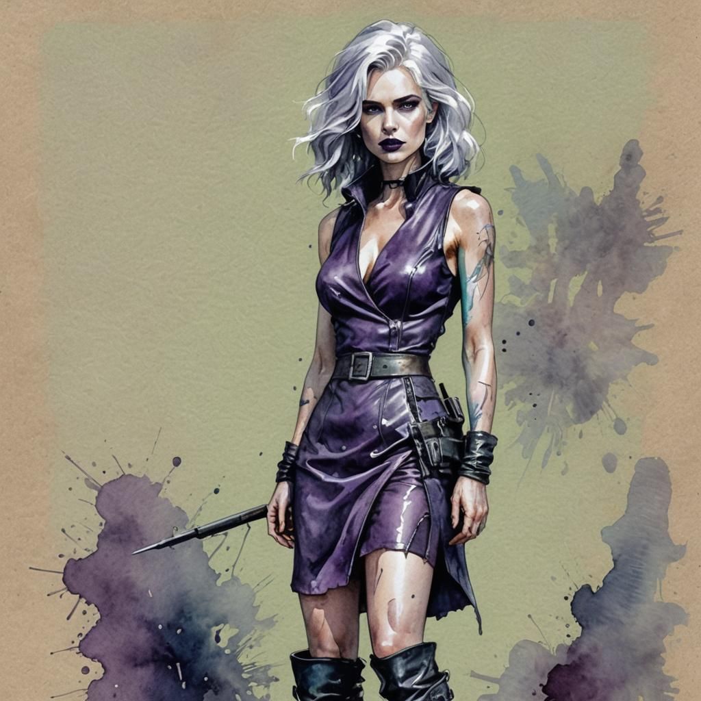 Beautiful Woman with Purple Lips in Watercolor Style