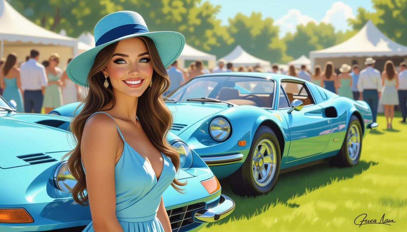 Brunette Woman and Vintage Ferrari Dino at Auto Concours