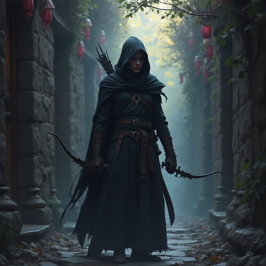 Dark Elf Thief with Hood and Scar in Mysterious Alleyway