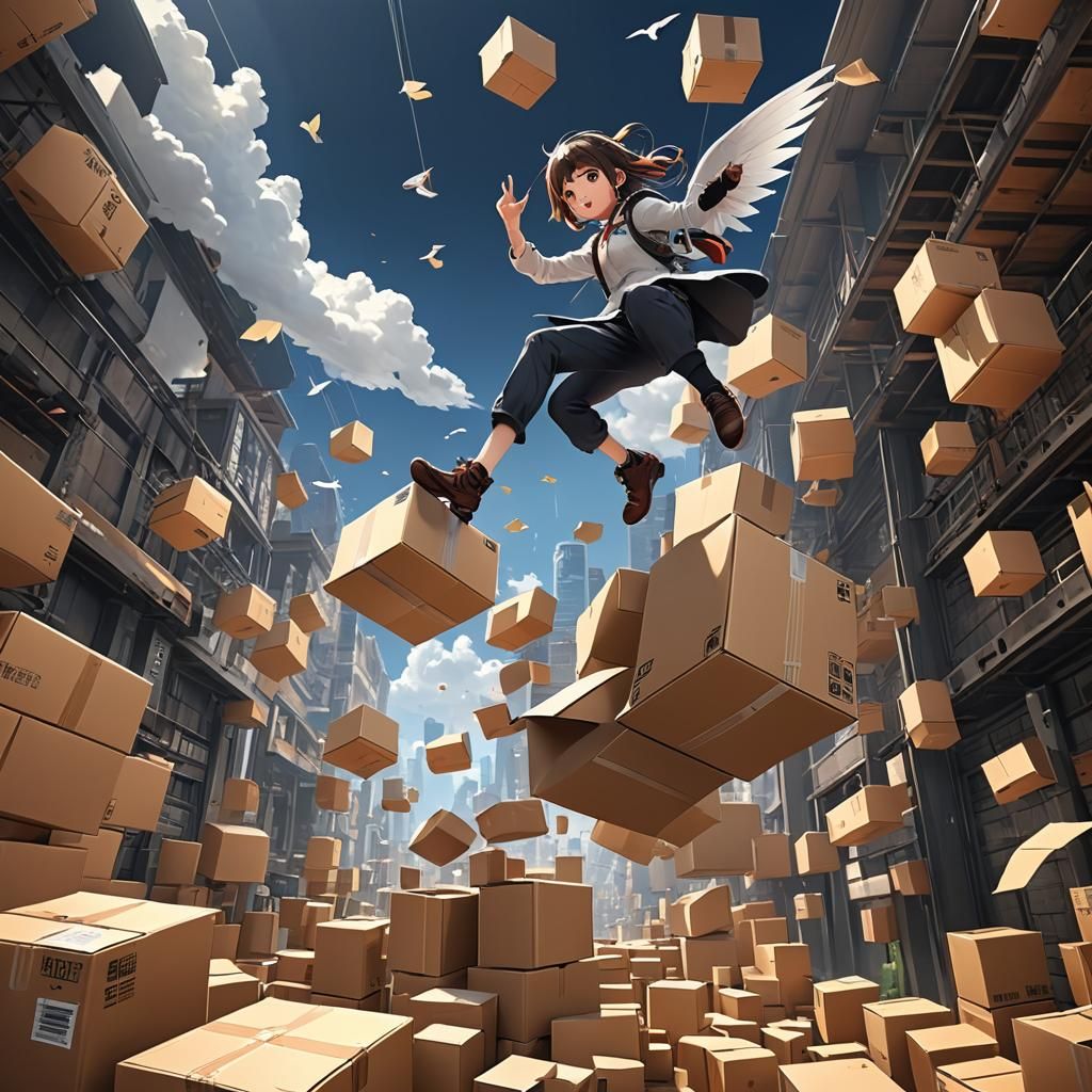 Flying Carton Box in 3D Anime Style