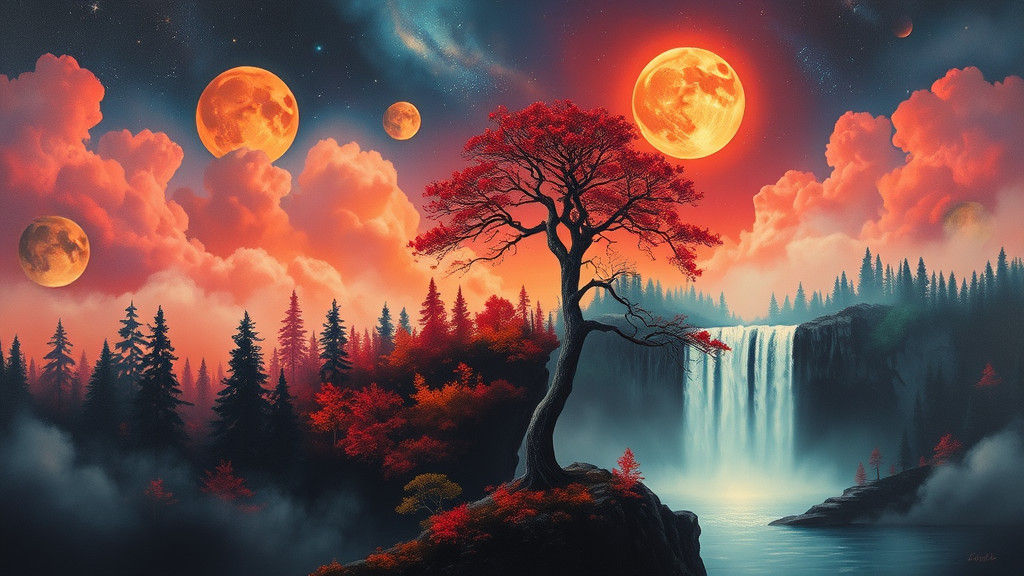 Surreal Dreamscape with Crimson Moon and Ethereal Waterfall
