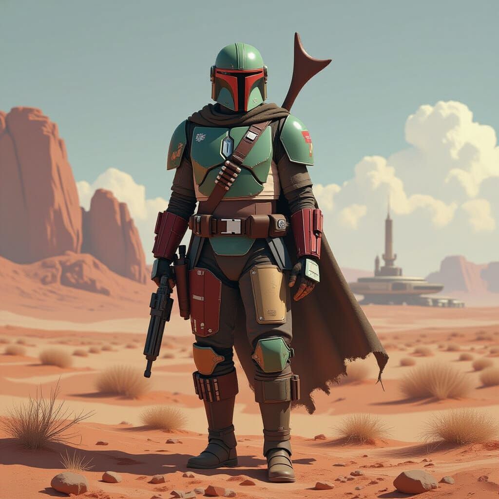 Mandalorian Warrior on Barren Planet in Sci-Fi Style