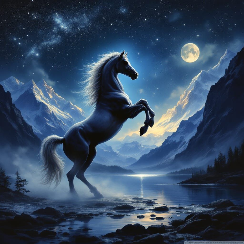 Majestic Horse Rears Under Ethereal Moonlight