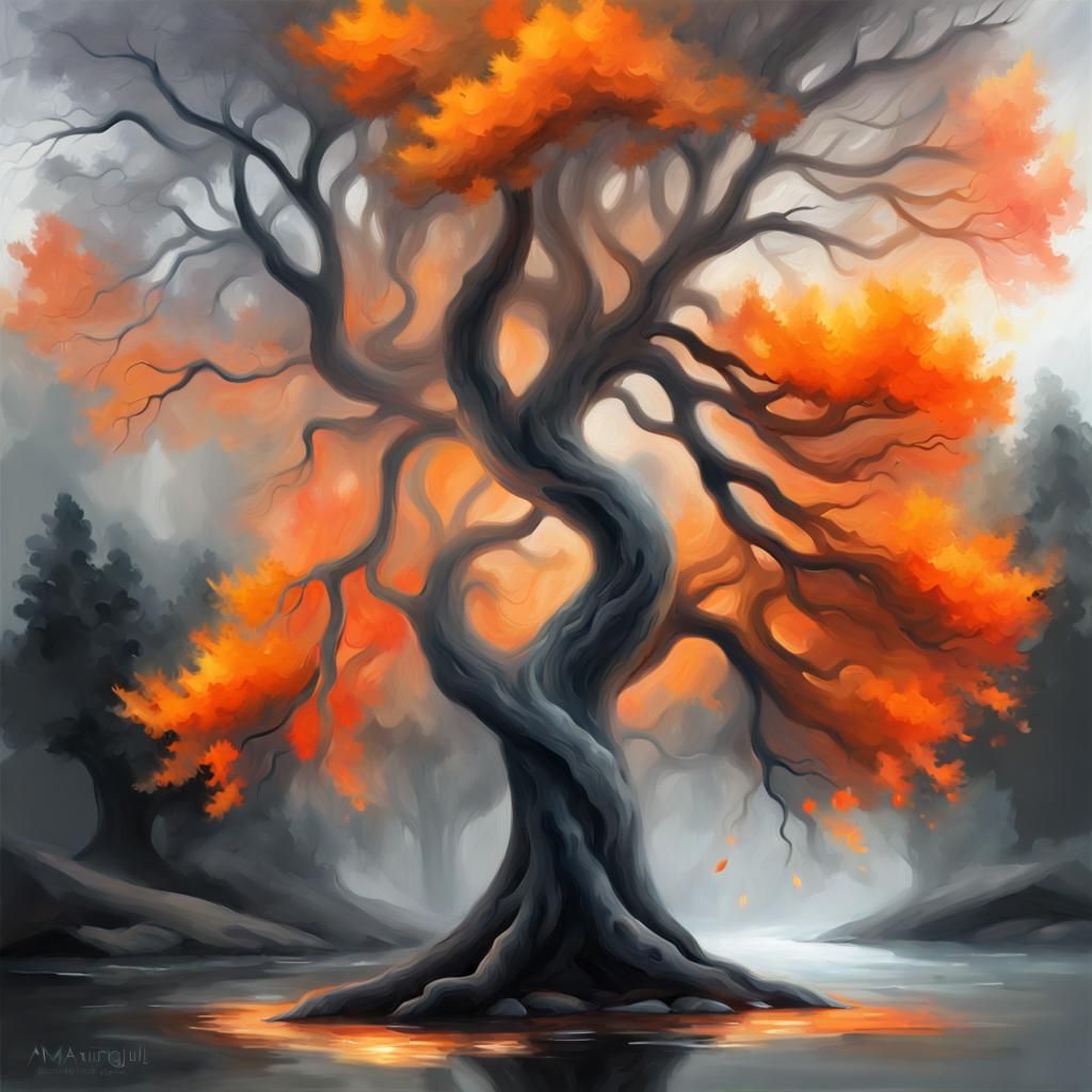 Fantasy Tree with Orange Leaves in Digital Oil Painting