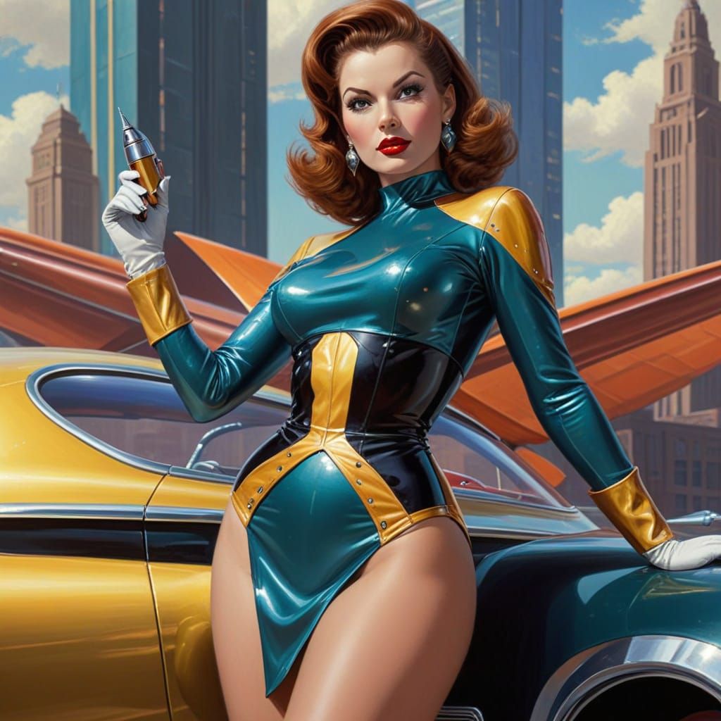 Retro Science Fiction Pinup Girl in Liquid Metal Bodice Stan...