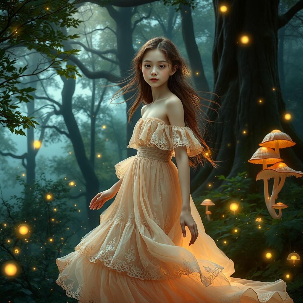 Ethereal Girl in Mystical Forest Glade