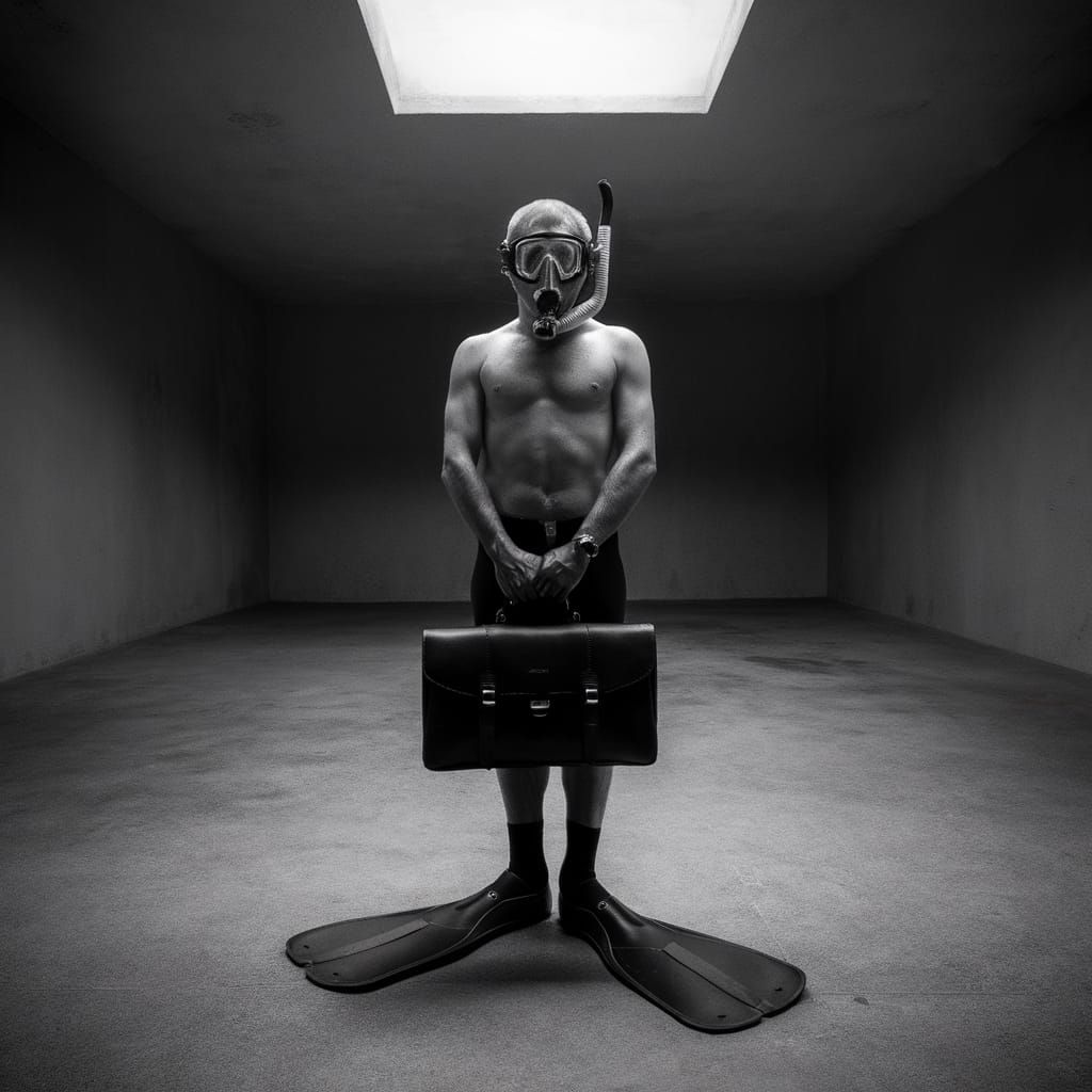 Surreal Diver in Empty Room, Black and White Photography