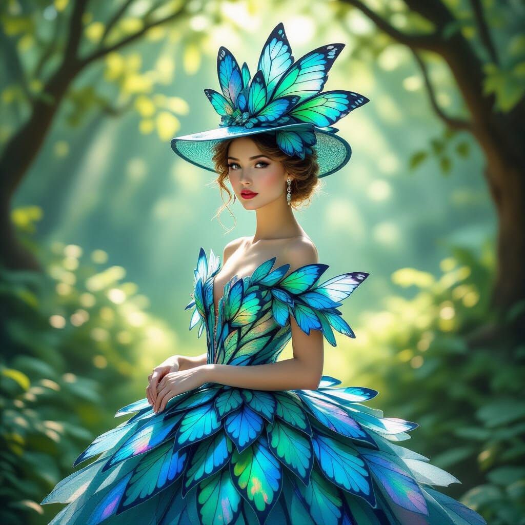 Lady in Butterfly Wing Attire in Fantasy Forest