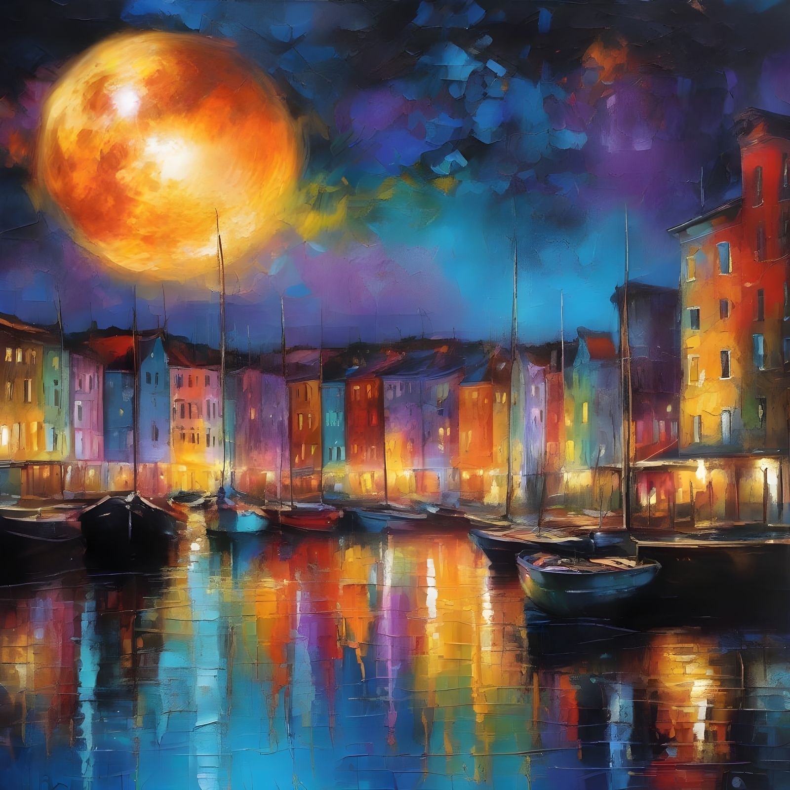 A Hyperreal Harbor Scene Under a Vibrant Turquoise Moon