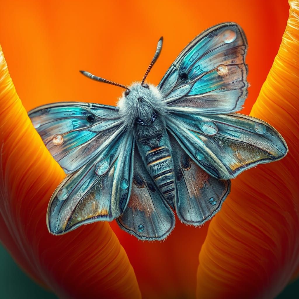 Delicate Iridescent Moth on Vibrant Tulip in Dreamy Whispy B...