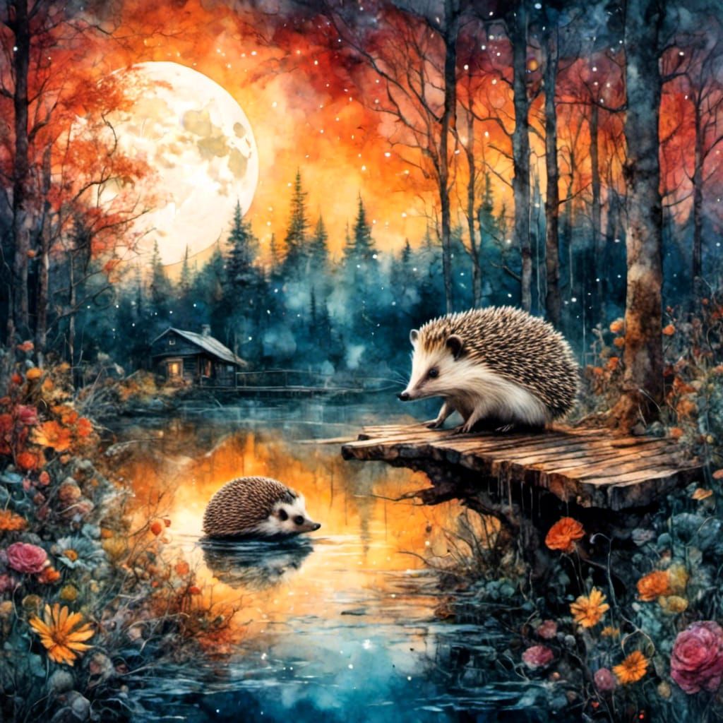 Hedgehog Under Moonlight: Watercolor and Ink Masterpiece
