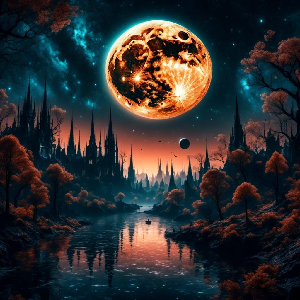 Cityscape Silhouette in Crescent Moon Under Starry Sky