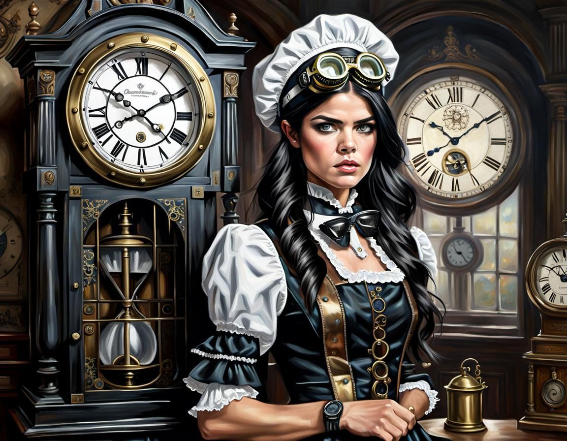 Steampunk Maid Dusting Clock, Oil Painting