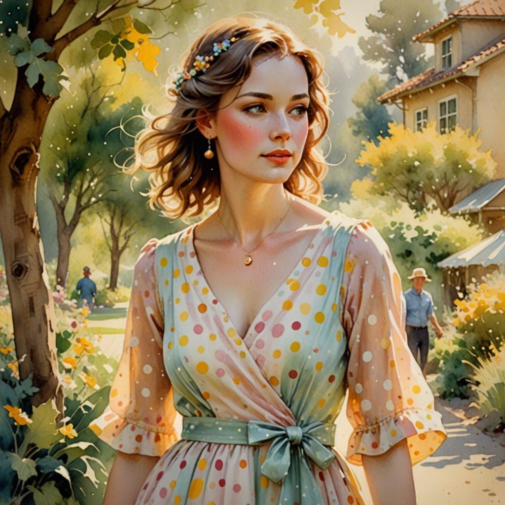 Impressionist Woman in Polka Dot Dress Watercolor