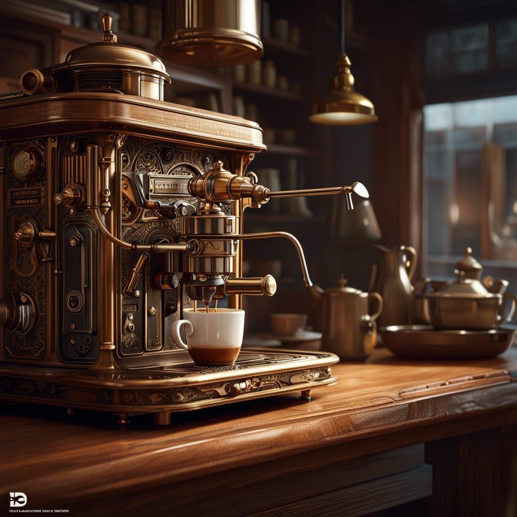 Intricate Steampunk Coffee Machine with Dense Steam