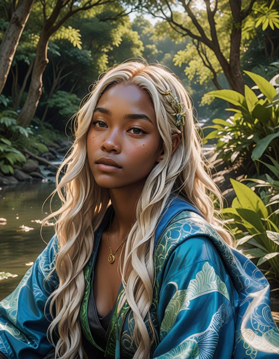 Serene River Goddess in Solarpunk Attire