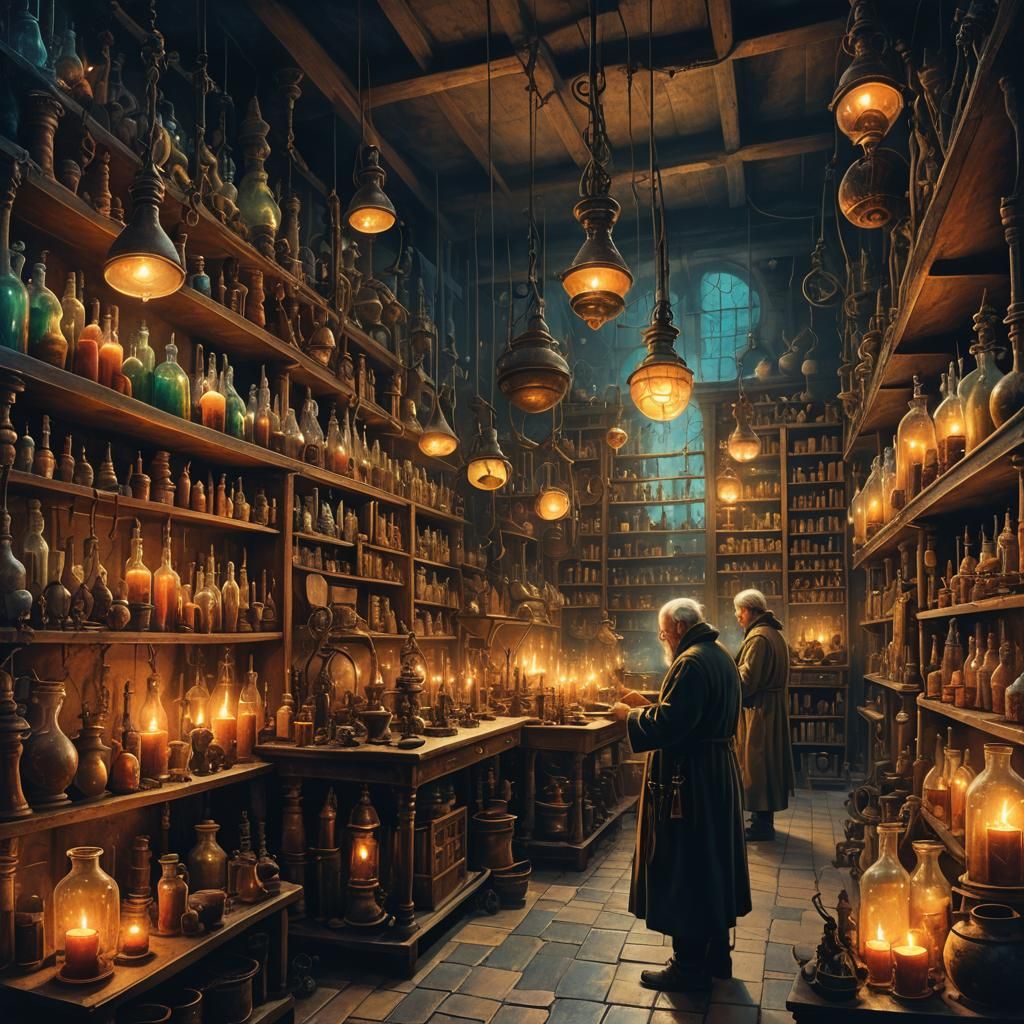 Alchemists in Dimly Lit Laboratory: Fantasy Concept Art