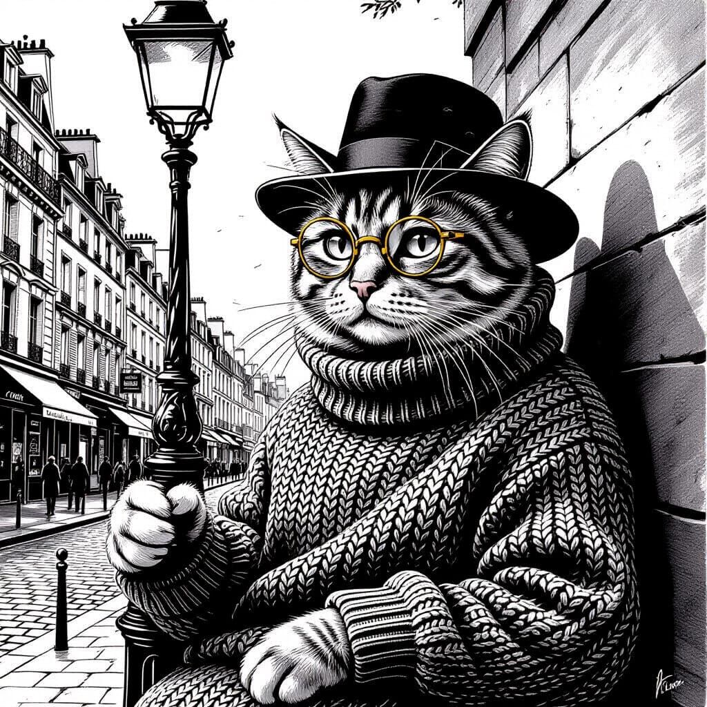 Sophisticated Orange Cat in Parisian Scene as B&W Drawing