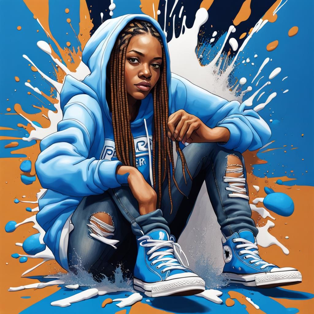 Young Woman in Splash Art Wearing Perry Hoodie
