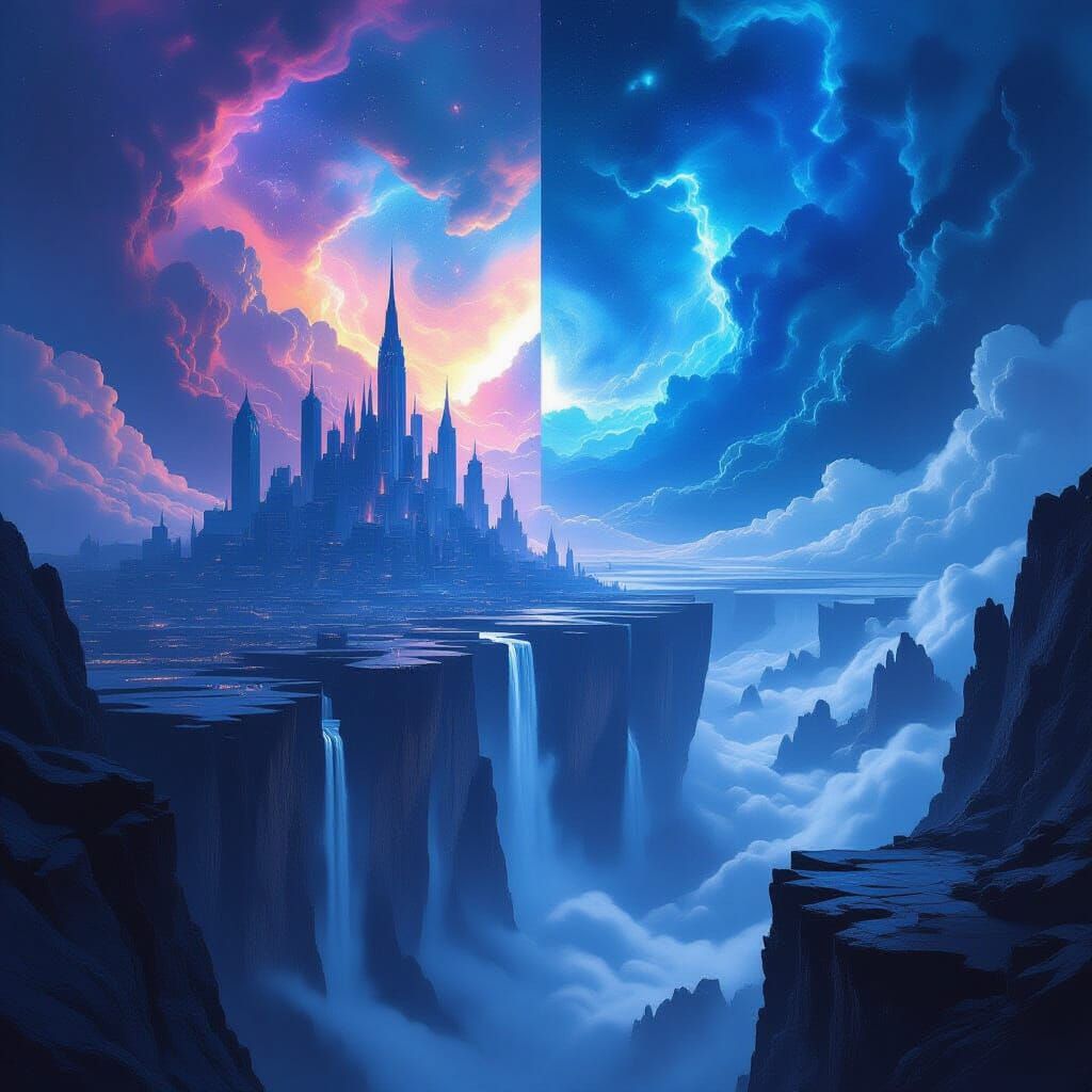 City at Universe Divide: Cosmic Nebula Meets Crystal Realm