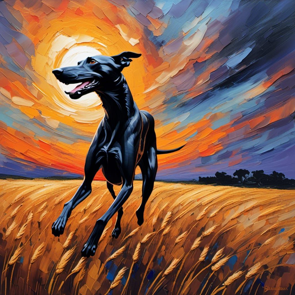 Greyhound Runs Through Wheat Field: Neo-Impressionist Oil Pa...
