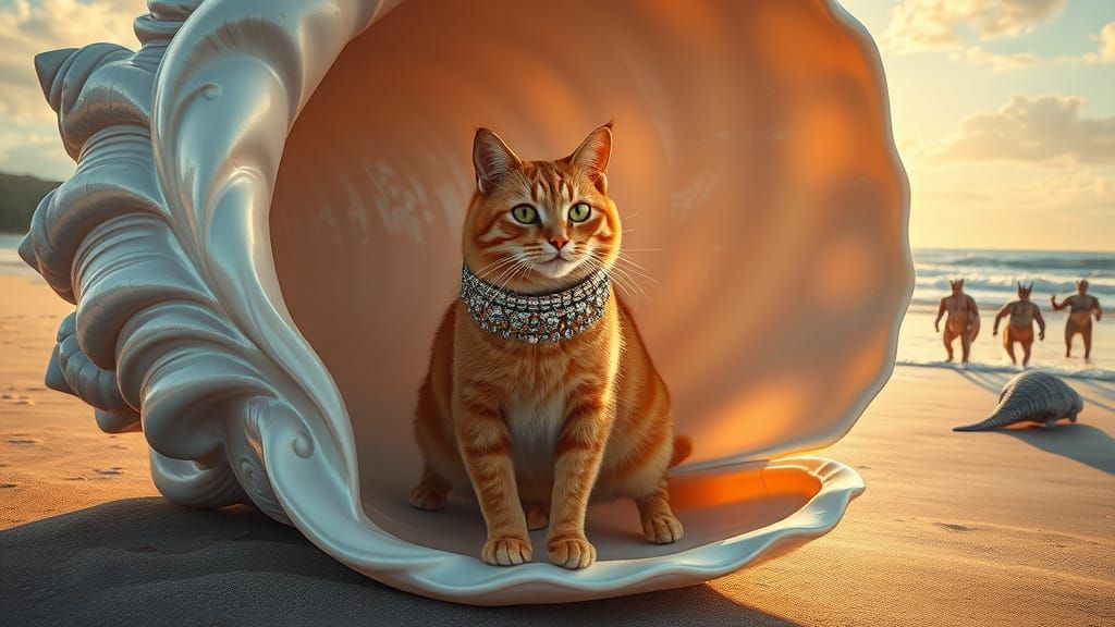 Ginger Cat in Majestic Sea Shell, Beach Scene with Mythical ...