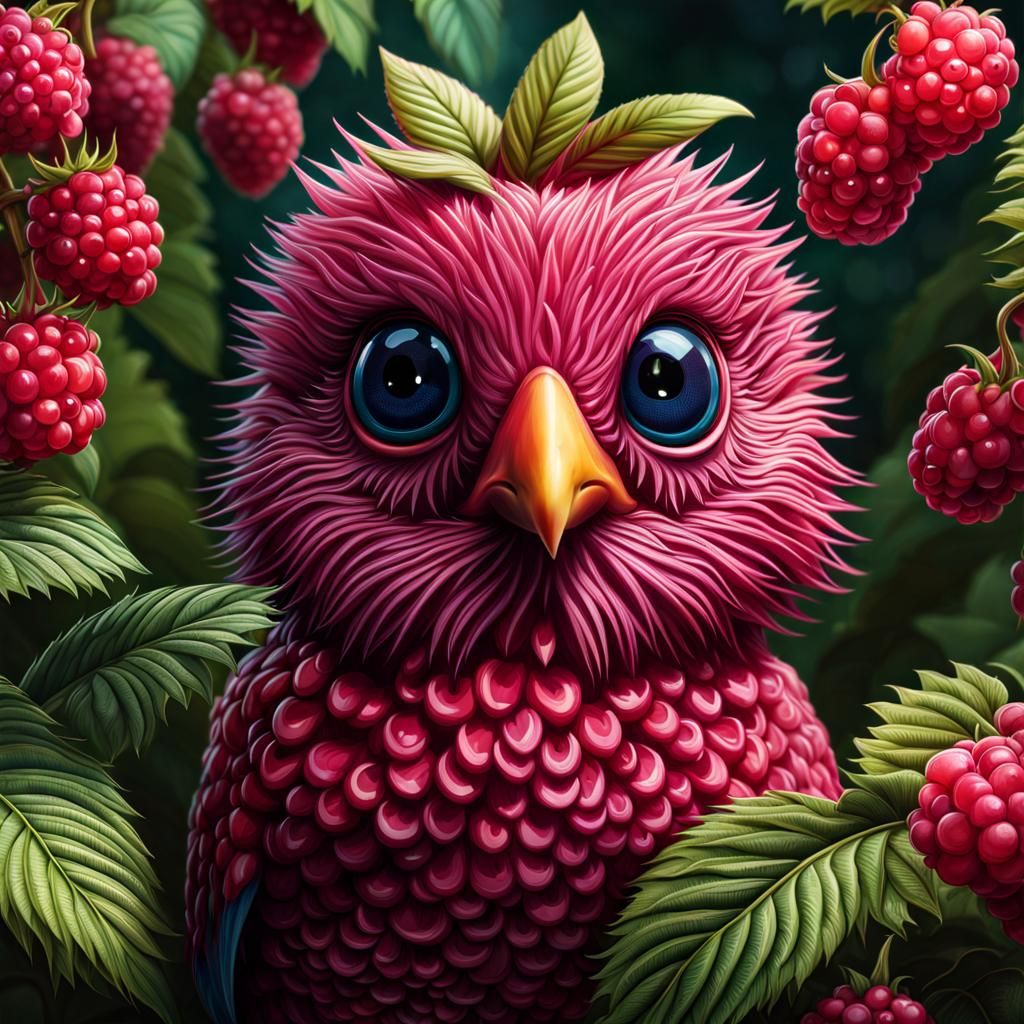 Anthropomorphic Raspberry Bird in Rainforest, Hyperrealistic