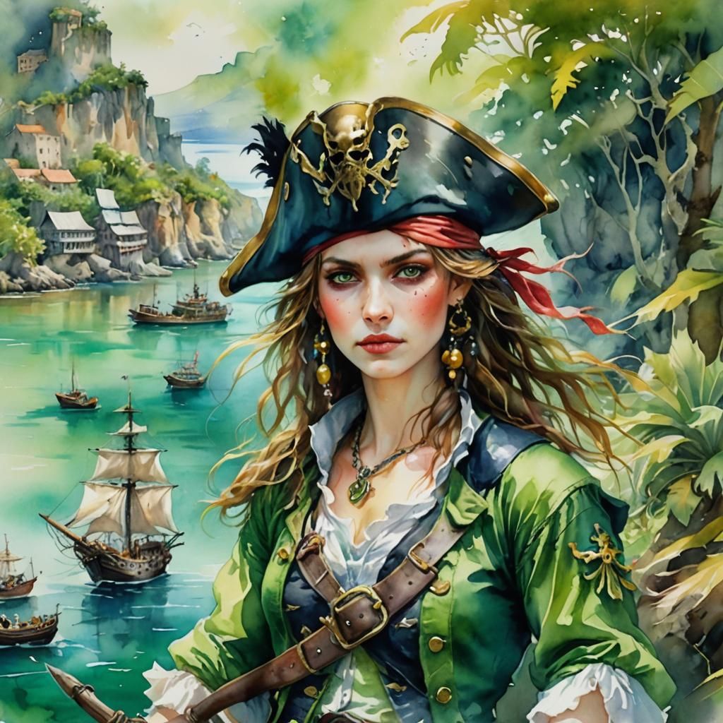 Pirate on Green Island in Watercolour Style